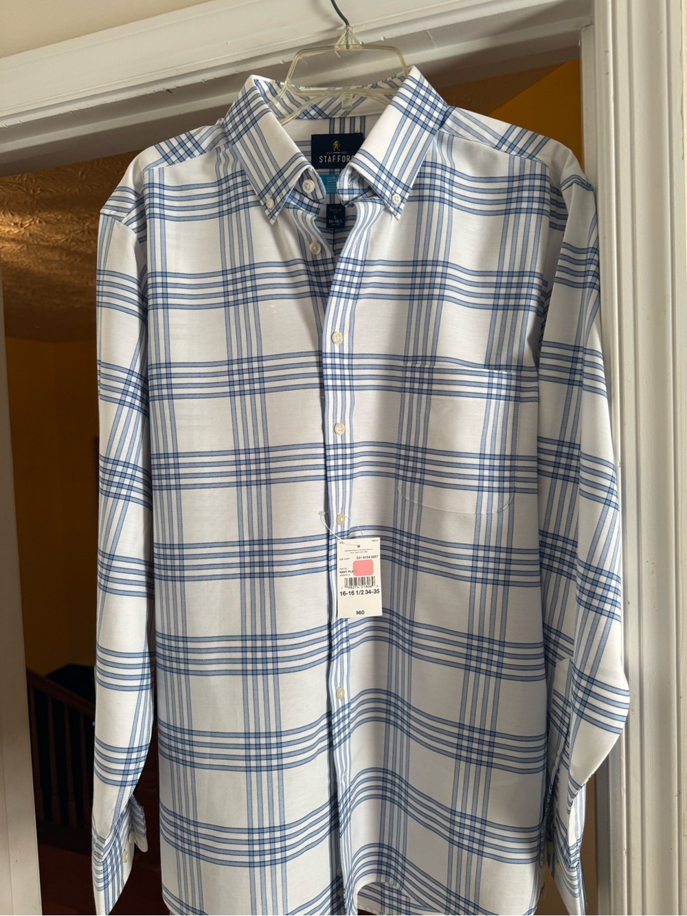 Stafford White Button-Down Shirt with Blue Plaid